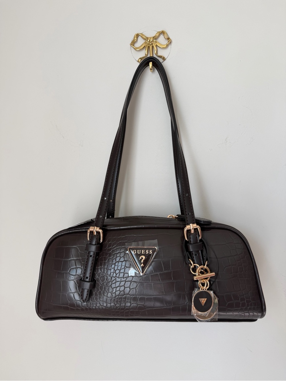 GUESS Brown leather Croc-Embossed Shoulder Bag with Gold Hardware